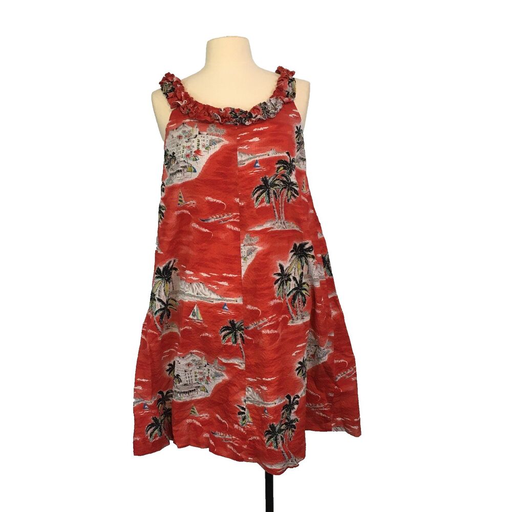 Hukilau Fashions Vintage Red White Black Hawaiian Tiki Dress, MuuMuu 36‎ Bust